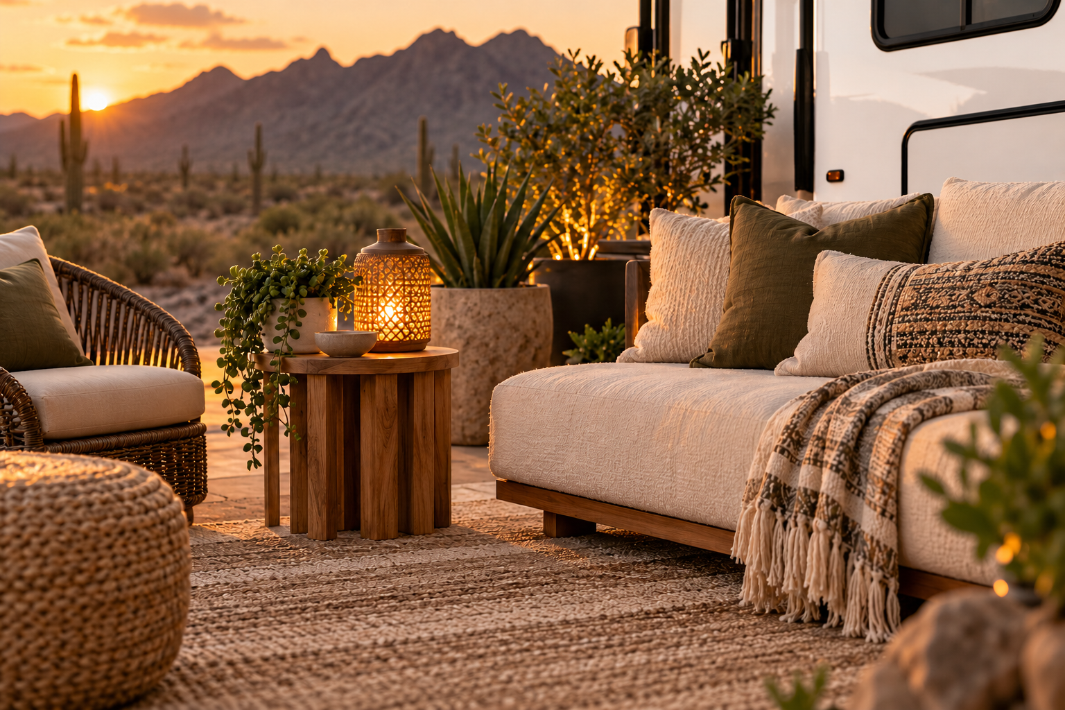 Outdoor living details — comfortable seating, lantern, trailing plants, and warm desert light beside a modern fifth wheel